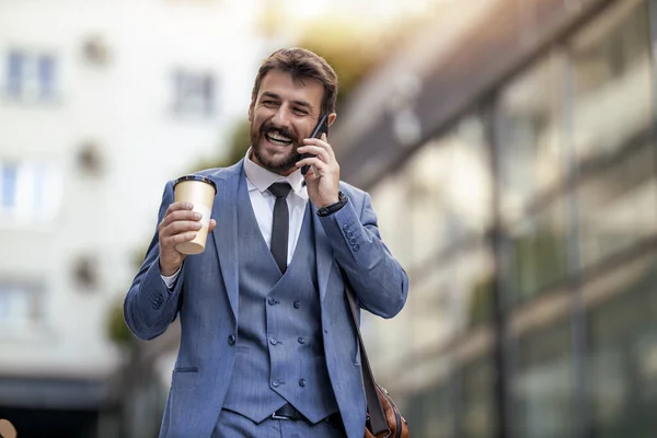 Businessman Using Mobile Phone Office Building Young Caucasian Man Holding — Stock Photo, Image