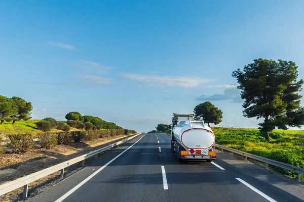Fuel Tanker Truck Driving Highway Nice Countryside Landscape — Stock Photo, Image