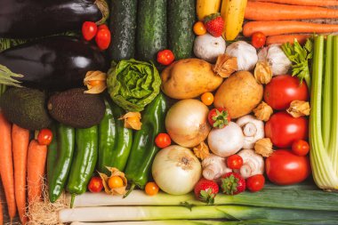 Meyve ve sebzeler, salatalıklar, patatesler, biberler, sarımsak, mantar, marul, havuç, pırasa, kereviz, çilek, filozof, domates, avokado ve salatalıkla yaratılmış arka plan.