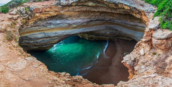 Benagil Cave Small Beach Hole Its Upper Part Cliffs Algarve — Stock Photo, Image