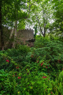 Sintra 'daki Moors Kalesi' nin bahçeleri arasında siperleri olan duvar..