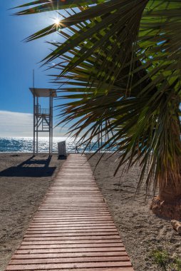 Nerja, Burriana sahilindeki ahşap geçitte bir plaj gözetleme noktası ve palmiye ağaçları var..