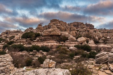 El Torcal de Antequera 'daki erozyonla şekillenen kireçtaşı taşlarının manzarası.