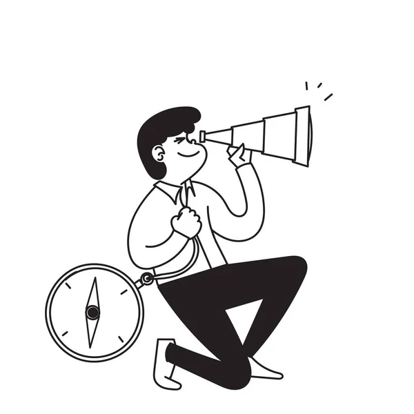Persona Scarabocchio Disegnato Mano Con Telescopio Bussola Illustrazione — Vettoriale Stock
