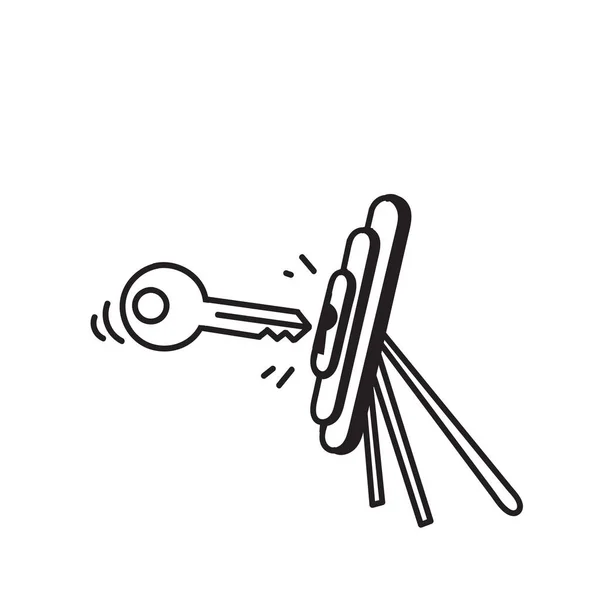 Hand Gezeichnet Doodle Hand Hält Schlüssel Richtung Dartscheibe Keyhole Illustration — Stockvektor