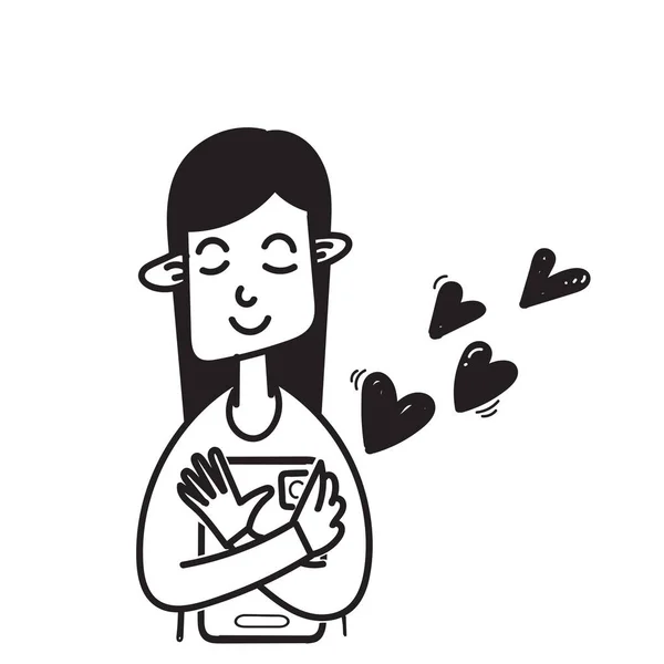 Ζωγραφισμένα Στο Χέρι Doodle Κρατώντας Δισκίο Οθόνη Εικόνα Σύμβολο Αγάπης — Διανυσματικό Αρχείο