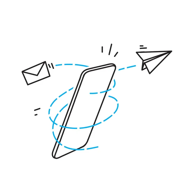 Smartphone Doodle Disegnato Mano Con Aereo Carta Volante Illustrazione Busta — Vettoriale Stock