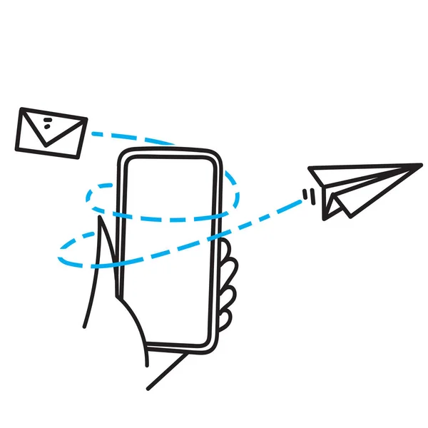 Handritad Klotter Smart Telefon Med Flygande Papper Plan Och Kuvert — Stock vektor