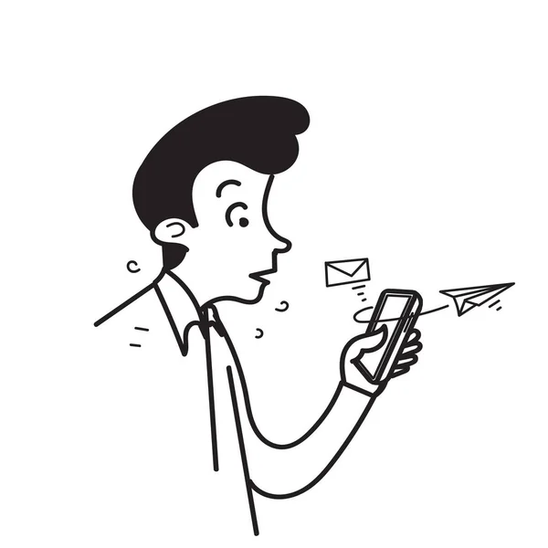 Hand Drawn Doodle Smart Phone Flying Paper Plane Envelope Illustration — Stock Vector