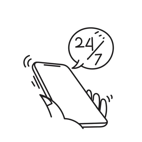 コールセンターのイラストのための24時間365日の記号でドアのモバイルを描きました — ストックベクタ