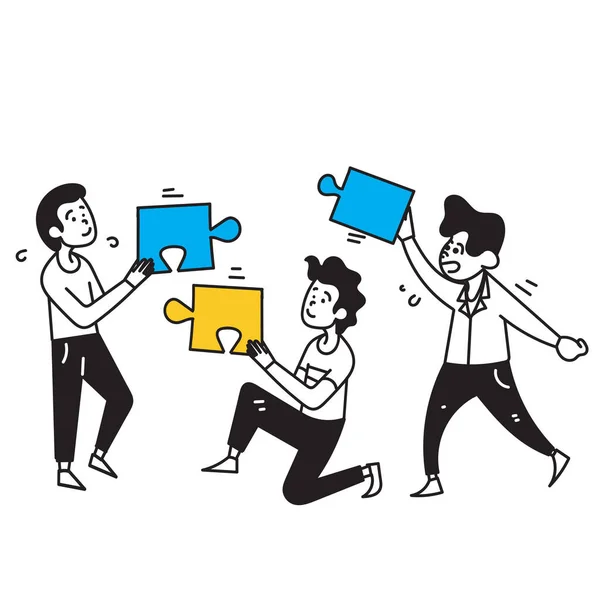 Handgetekende Doodle Mensen Met Legpuzzel Illustratie Symbool Voor Teamwork — Stockvector