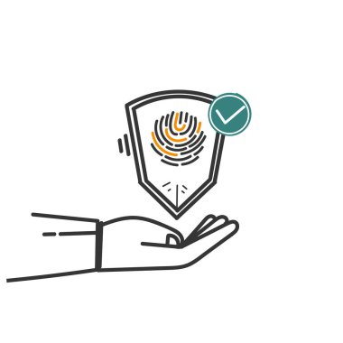 Parmak izi siber emniyetli simge için parmak izi sembollü el çizimi kalkanı