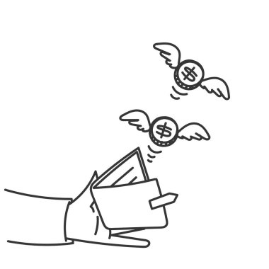 Cüzdan illüstrasyonundan kanatlı el çizimi para