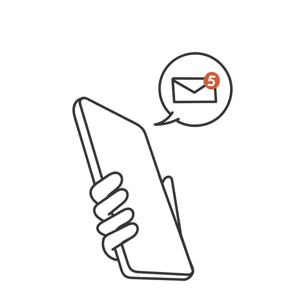 Χειροποίητα Doodle Χέρι Κρατώντας Smartphone Κοινοποίηση Φάκελο Νέο Μασάζ — Διανυσματικό Αρχείο