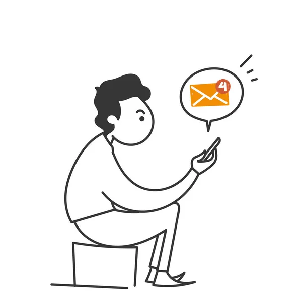 Χέρι Doodle Πρόσωπο Κάθεται Και Κρατώντας Smartphone Ειδοποίηση Φάκελο Νέο — Διανυσματικό Αρχείο