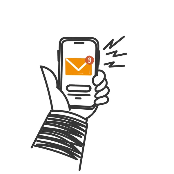 Χειροποίητα Doodle Χέρι Κρατώντας Smartphone Κοινοποίηση Φάκελο Νέο Μασάζ — Διανυσματικό Αρχείο