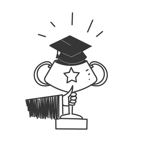 Hand Drawn Doodle Trophy Award Graduation Hat Illustration — Stock Vector