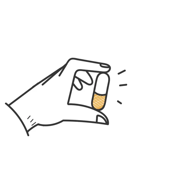 Χέρι Doodle Χέρι Κρατώντας Δισκίο Χάπι Κάψουλα Εικονογράφηση Διάνυσμα — Διανυσματικό Αρχείο