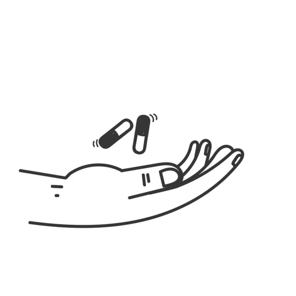 Handritade Klotter Hand Hålla Tablett Piller Kapsel Illustration Vektor — Stock vektor