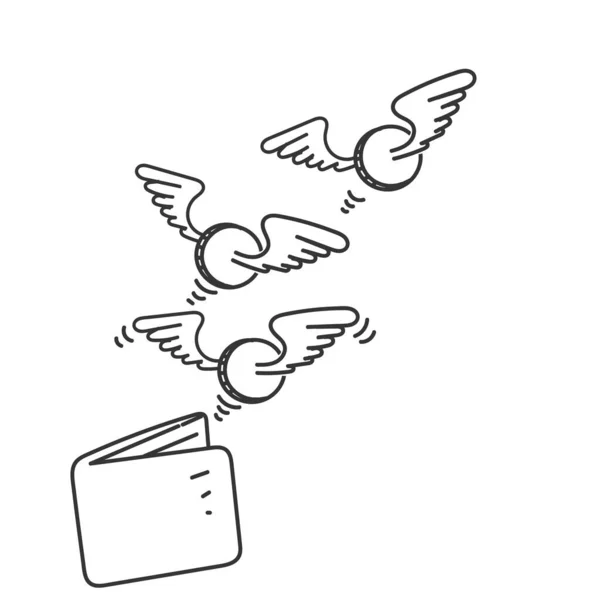 財布イラストから飛んでくる翼のある手描きコイン — ストックベクタ
