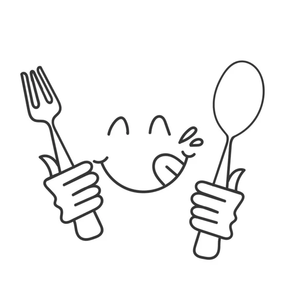 Χειροποίητα Doodle Yummy Πρόσωπο Smiley Εικονίδιο Νόστιμο Κρατώντας Πιρούνι Και — Διανυσματικό Αρχείο