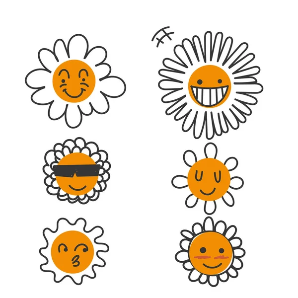 Dibujado Mano Garabatos Flores Con Dibujos Animados Divertido Sonriente Caras — Vector de stock