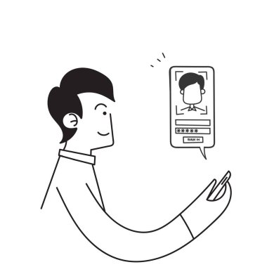 hand drawn doodle mobile smart phone with face recognition app illustration vector