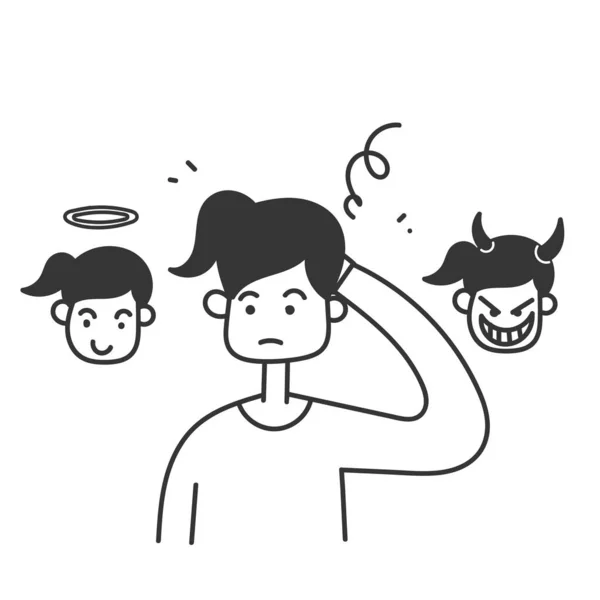 Hand Drawn Doodle Person Confused Choose Good Angels Bad Demons — Stockový vektor