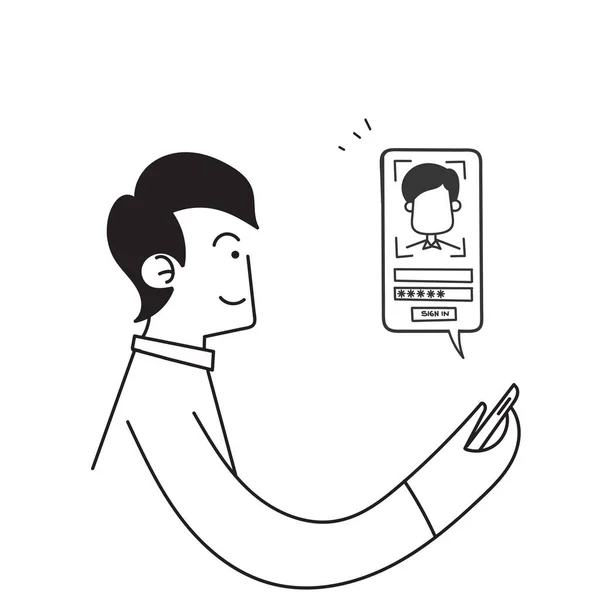 Hand Drawn Doodle Mobile Smart Phone Face Recognition App Illustration — Stockový vektor