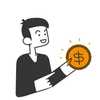 hand drawn doodle person holding a gold coin illustration