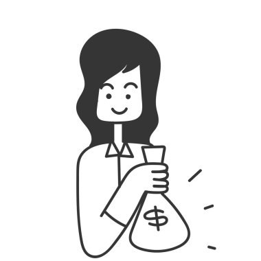 hand drawn doodle person holding a gold coin bag illustration