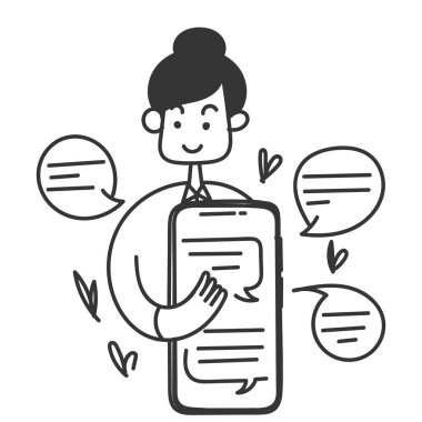hand drawn doodle person holding Mobile phone with heart and love bubble chat illustration