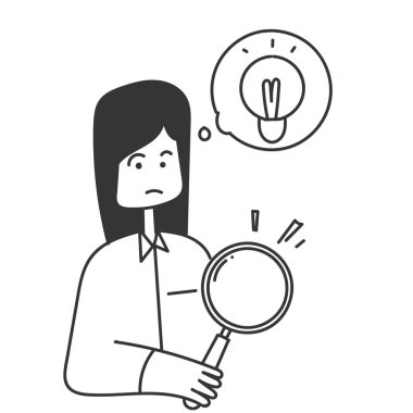 hand drawn doodle person holding magnifying glass and bulb symbol for searching idea illustration vector