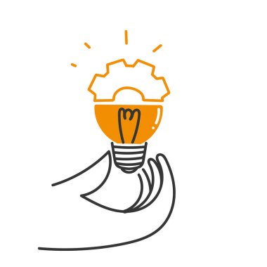 hand drawn doodle half light bulb and gear mechanism illustration vector isolated