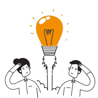 hand drawn doodle light bulb rocket launch illustration vector
