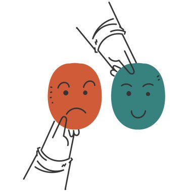 Elle çizilmiş karalamalar Mutlu ve üzgün yüzler çizim vektörü maskeli eller