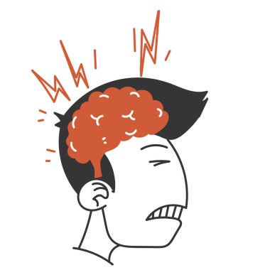 Baş ağrısı ve acı verici beyin illüstrasyon vektörü olan el çizimi insan.