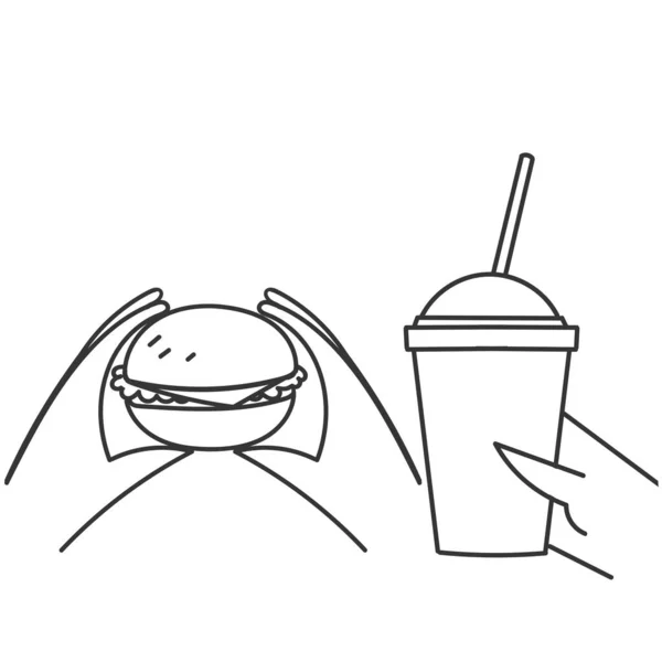 Main Dessinée Doodle Main Tenant Hamburger Soda Illustration — Image vectorielle