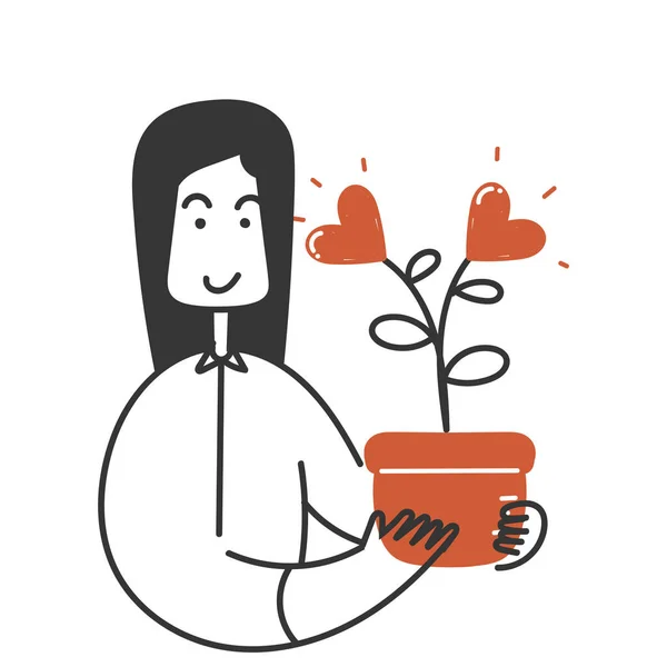Ručně Kreslené Čmáranice Ruce Držící Pokojovou Rostlinu Srdcem Jako Květiny Royalty Free Stock Ilustrace