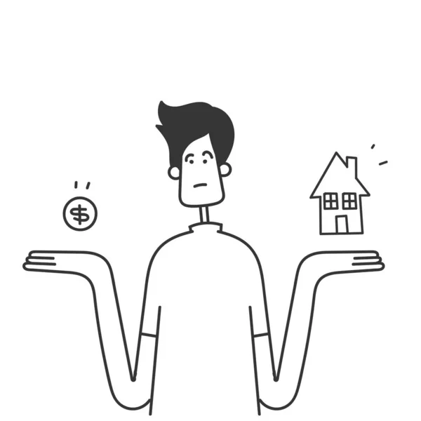 Moeda Dinheiro Doodle Desenhada Mão Comparar Casa Balança Ilustração —  Vetores de Stock