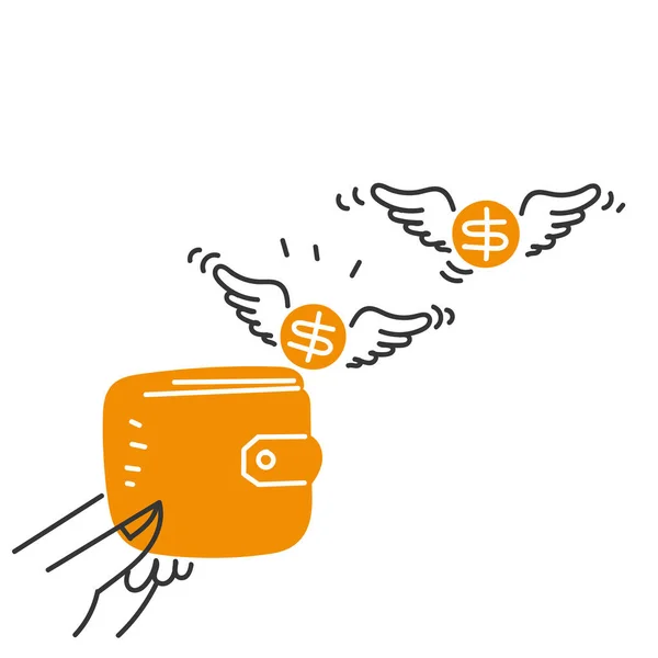 Carteira Doodle Desenhado Mão Com Dinheiro Voando Com Asas Ilustração —  Vetores de Stock