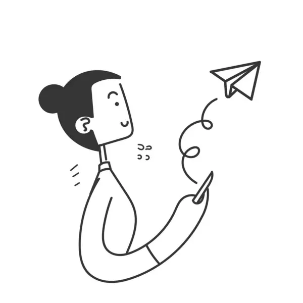Mano Disegnato Doodle Cellulare Inviare Carta Volante Aereo Illustrazione — Vettoriale Stock