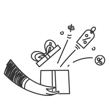 Elle çizilmiş karalama hediye kutusu ve içinden indirimli satışlar çıkıyor.