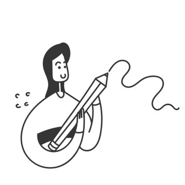 Elle çizilmiş karalamalı kadın elinde büyük bir çizgi film çizimi tutuyor.