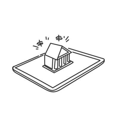 Bilgisayarda ya da cep telefonu illüstrasyonunda el çizimi banka binası