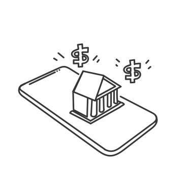 Bilgisayarda ya da cep telefonu illüstrasyonunda el çizimi banka binası