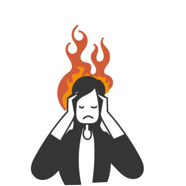 Stresli ve hayal kırıklığına uğramış iş adamı ve kafası yanıyor, karalama tarzı el çizimi.