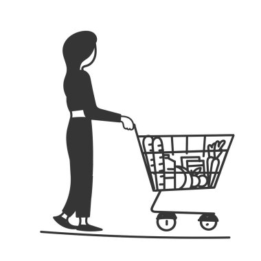 Çizgi film tarzında alışveriş arabaları taşıyan insanlar.