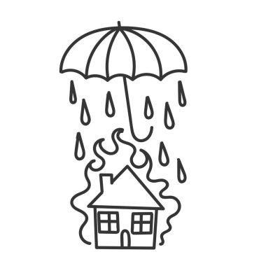 Şemsiyeli küçük bir ev ve şemsiyeli bir ateş sembolü.