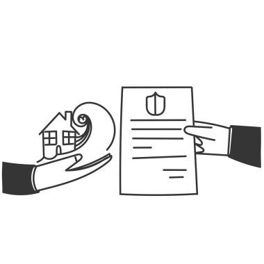 Ev sigortası döküman panosu karalama el çizim tarzında sel felaketi için